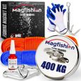 Magfishion MEGA Set Aimant de Pêche Puissant - Traction 400 kg Aimant Néodyme - 2x20m de Corde, Grappin, Colle et mousqueton -Ø90mm-0