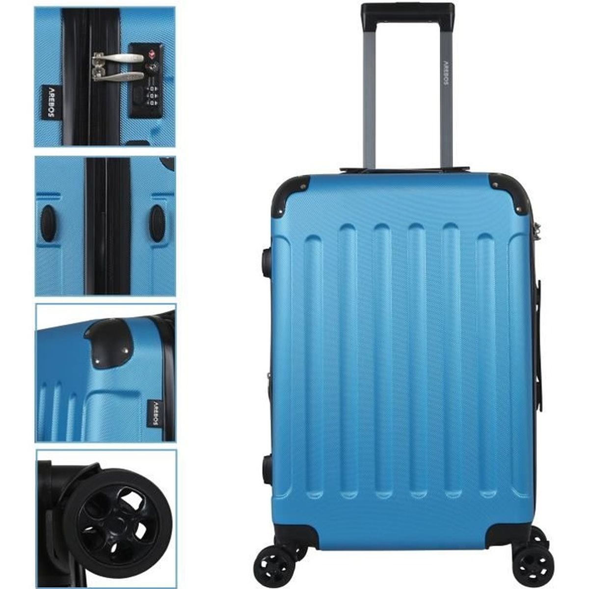 Valise à Roulettes AREBOS 4 En 1 - 66L, Poignée Télescopique, 8 Serrures + 2 Clés, Dimensions 35x25x75 Cm, Neuve