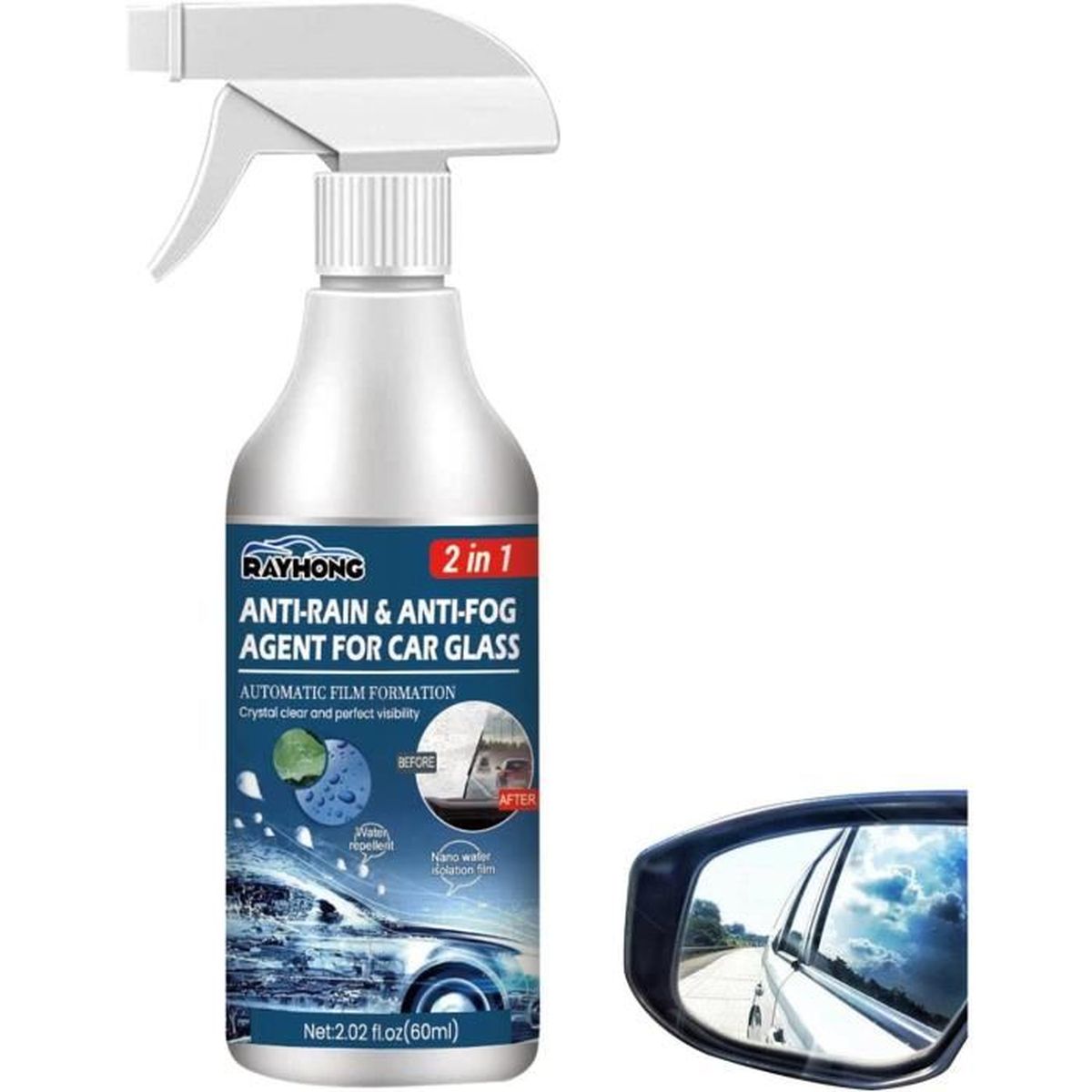 Agent anti-pluie anti-buée pour pare-brise de voiture, 60 ml de