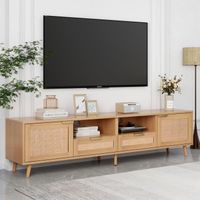 Meuble TV 200 cm en rotin Style campagnard , Banc tv en bois 2 portes 2 tiroirs 2 compartiments pour salon ou pour la chambre, Brun