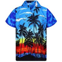 Chemise,Chemise à manches courtes pour hommes,imprimé cocotier,Style hawaïen,décontracté,ample,plage,été- Coconut tree Blue