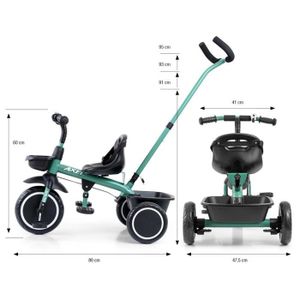 Milly Mally Tricycle 4-en-1 Optimus Plus – Bleu/mint, Poignée Parentale, Roues Mousse, Siège Réglable – Dès 12 Mois