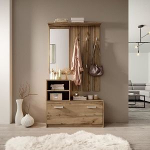 Meuble d'entrée avec armoire miroir et 4 tiroirs en bois et métal GLENN