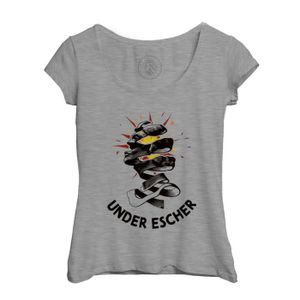 T-SHIRT T-shirt Femme Col Echancré Gris Under Escher Jeu de Mot Humour Art