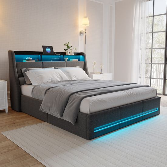 Lit Double 140x190 Capitonné Velours Blanc - 4 Tiroirs, éclairage LED, Ports USB/Type-C