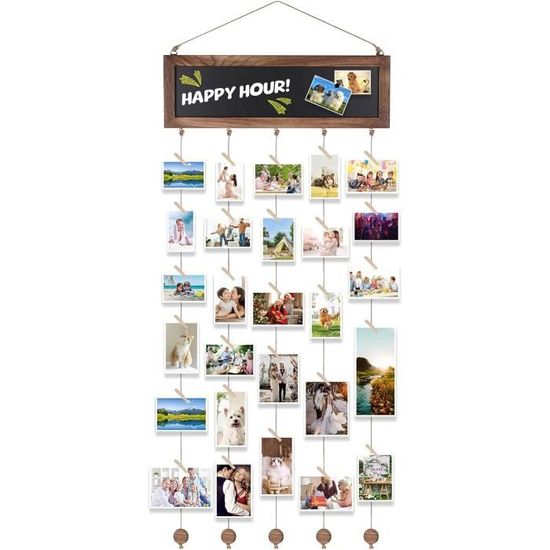 2 Porte-Photos Muraux En Bois Et Corde De Coton - Avec 60 Clips Et 4 Clous - Décor Guirlande Photo Bohème Pour Chambre, Salon, Bureau