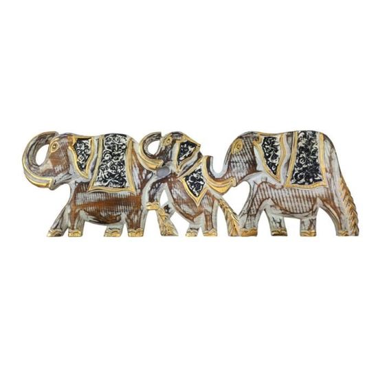 Frise Murale en Bois 50cm Sculptée Main Famille d'éléphants