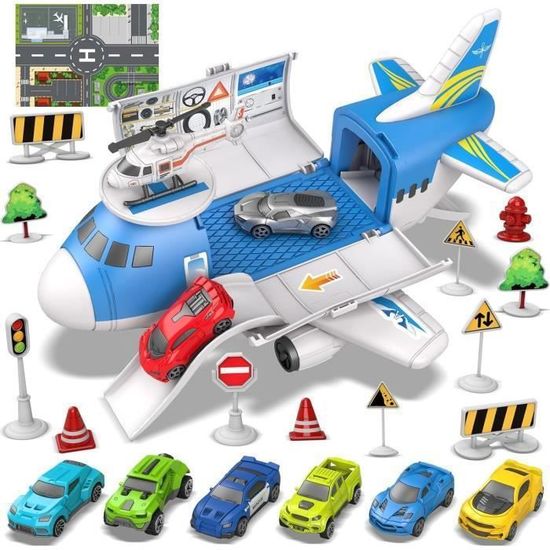 Avion Jouet Avec Garage, 8 Voitures, Tapis Et Panneaux – Sons Et Lumières, Dès 3 Ans