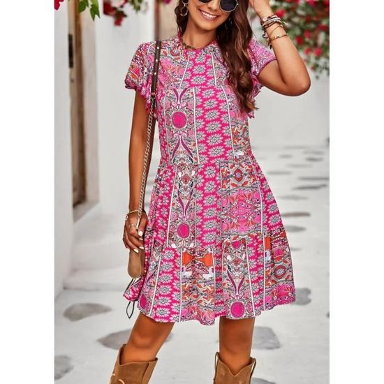 Robe Femme Été Imprimé Fleuri - Tunique Légère Genou - Col Rond - Style Bohème Plage - Multi Tailles