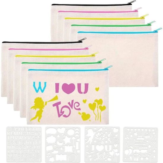 Kit DIY 10 Pochettes Cœur En Tissu Vierges Avec Crayons Aquarelle - Idéal Pour Customisation, Trousse à Crayons Ou Maquillage