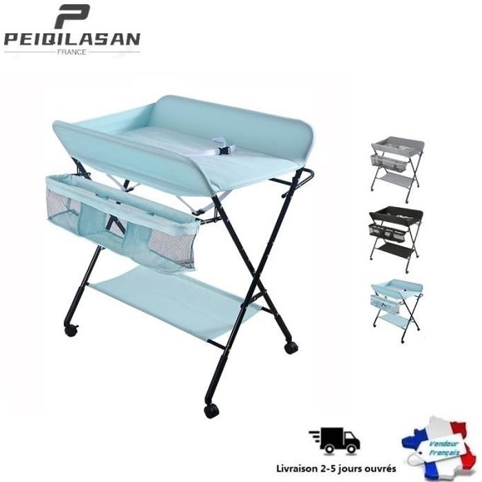 PEIQILASAN. Table de massage de bébé pliable - Table à langer portable à roulettes - Bleu