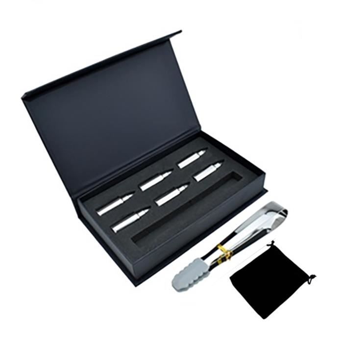 Whisky Acier Inoxydable Haute Technologie de Refroidissement 6 Glaçons Reutilisable en Forme de Balle Whisky Stones Bullet+Pincettes