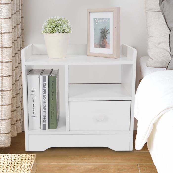 Table de chevet , table de nuit casier avec 1 tiroir et 2 niche en Bois composite - Blanc -YNJ