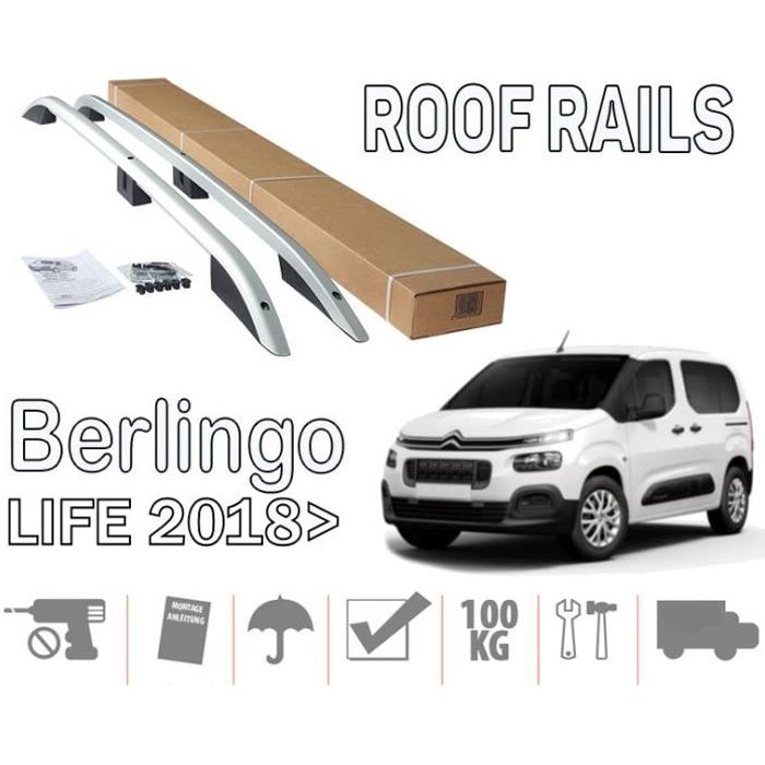 Barres de toit pour Citroen Berlingo III 09/2018> Life court (SWB) longitudinales alu + pieds plastique noir