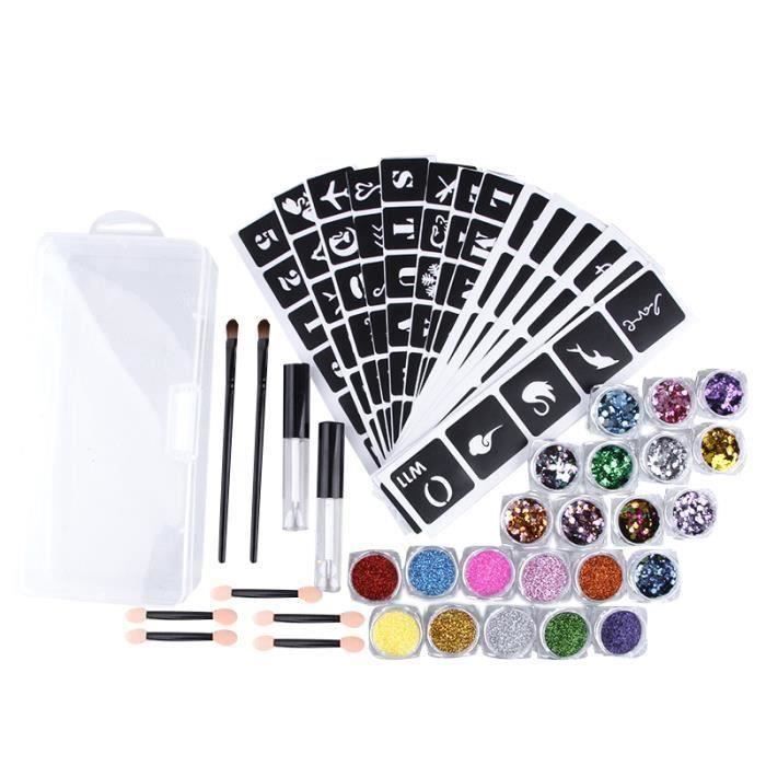 Kit de Tatouage Miroitant Paillettes Multicolores à la Mode Temporaire en Poudre 22X Couleurs pour Body Art Design Peinture, Colle