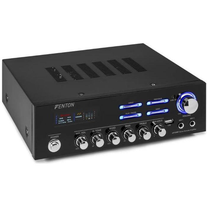 Fenton AV120BT - Amplificateur 2 x 60W, connexion sans fil Bluetooth, 2 entrées micro, idéal pour utilisation Hifi et/ou karaoké