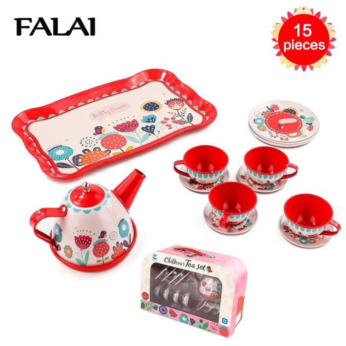 Service à Thé Dinette Enfant Jouet Cuisine en Métal Accessoire Jeu de Rôle 15 Pcs Coloré Fleur Impression Jouet Thé Ensemble