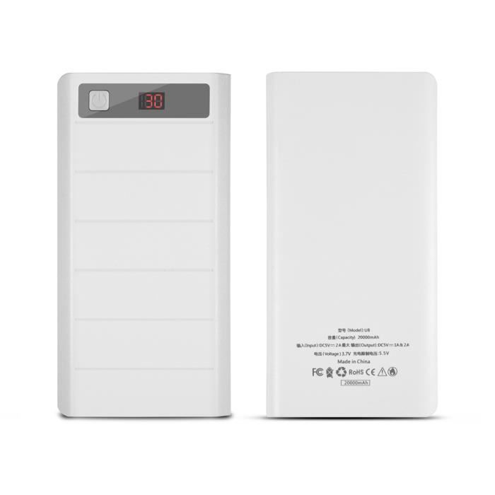 YOSOO banque de puissance 20000mAh 8 x 18650 Batteries Power Bank Kit Case Shell Dual USB + Type-C + Micro USB Port Blanc