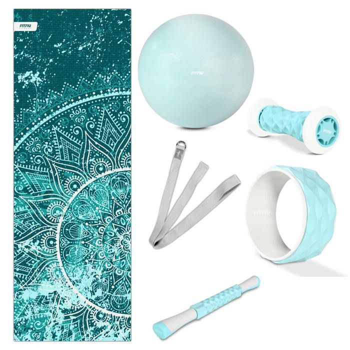 Kit 6 accessoires de yoga KITWELL-600 BLEU, tapis, roue, fitball, sangle, 2 masseurs - FITFIU Fitness