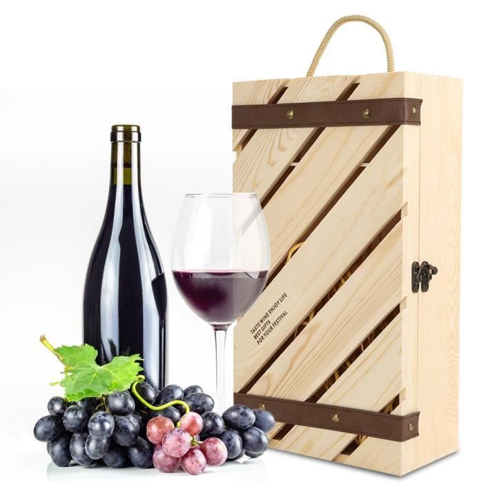 HURRISE boîte à vin 2 bouteilles Boîte à vin rouge Support de boîte-cadeau de vin de barre inclinée en bois avec corde de