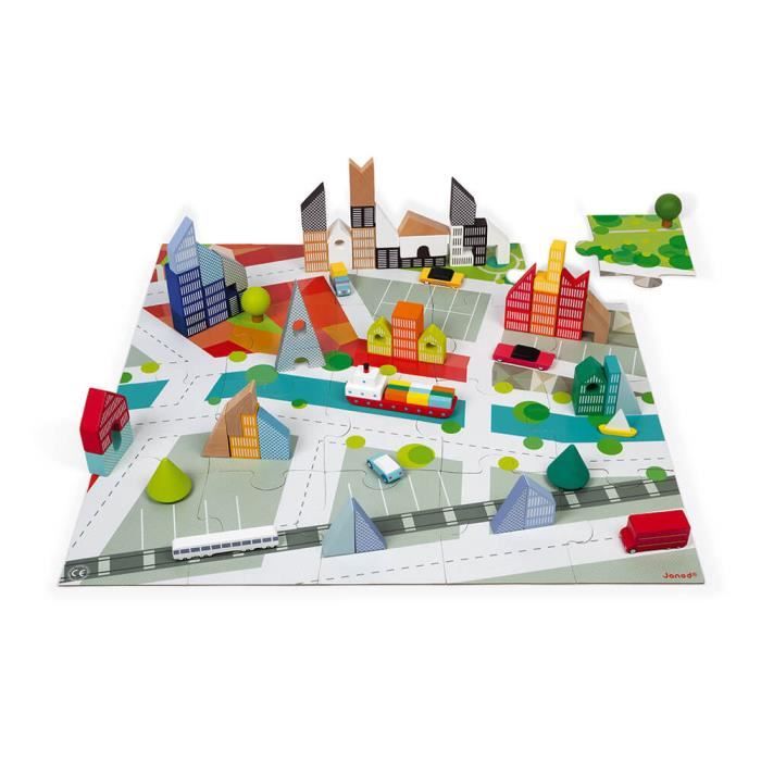 Kubix 60 Blocs + Puzzle Carton Ville - Jouet de Construction en Bois - Dès 3 ans