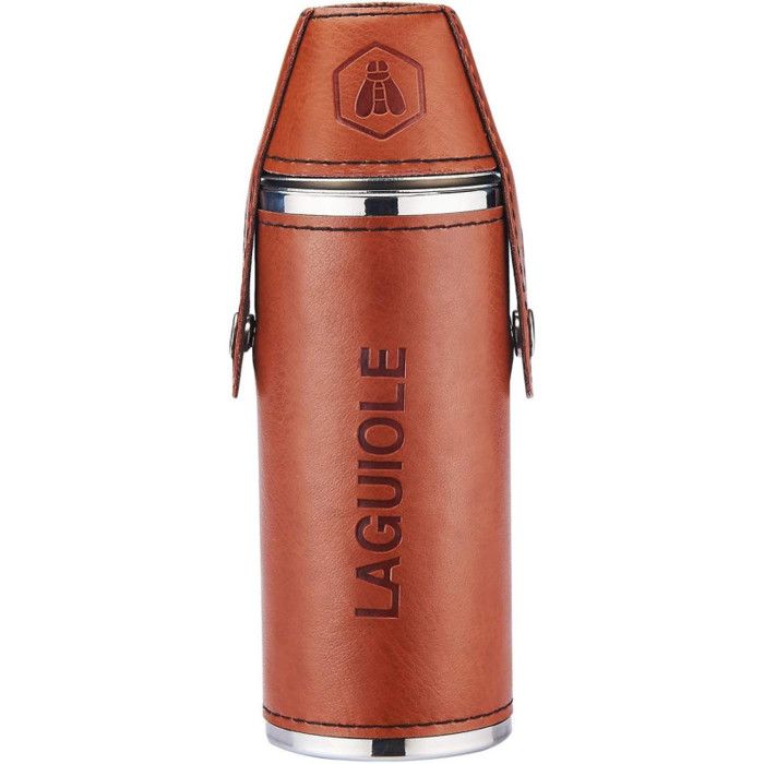 Flasque à alcool avec 2 verres - Inox et Similicuir marron