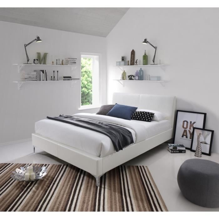 Lit ZOE 160x200 cm en simili cuir, coloris blanc, sommier inclus: 200 Blanc