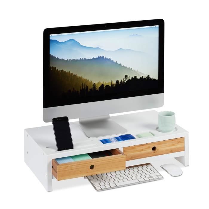 Relaxdays Support moniteur bambou, Rehausseur écran 2 tiroirs compartiments, Support HLP 14 x 60 x 30 cm, blanc-nature