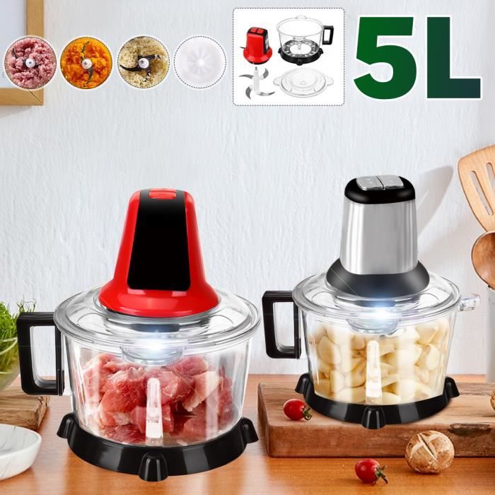 Hachoir Électrique 300W 5L 4 Lames Multifonction à Viande Légumes Mixeur Avec Interruptépice Culinaire Epice Ail Trancheuse Argent