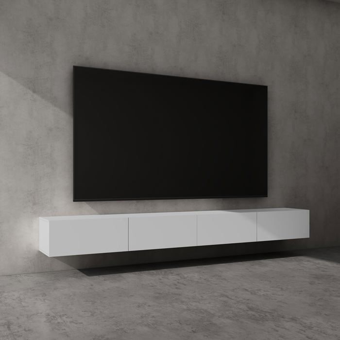 doporro Meuble TV Bas 280 cm Armoire TV Blanc Mat Table de Télévision Salon avec Portes Meuble TV Suspendu MBTV02