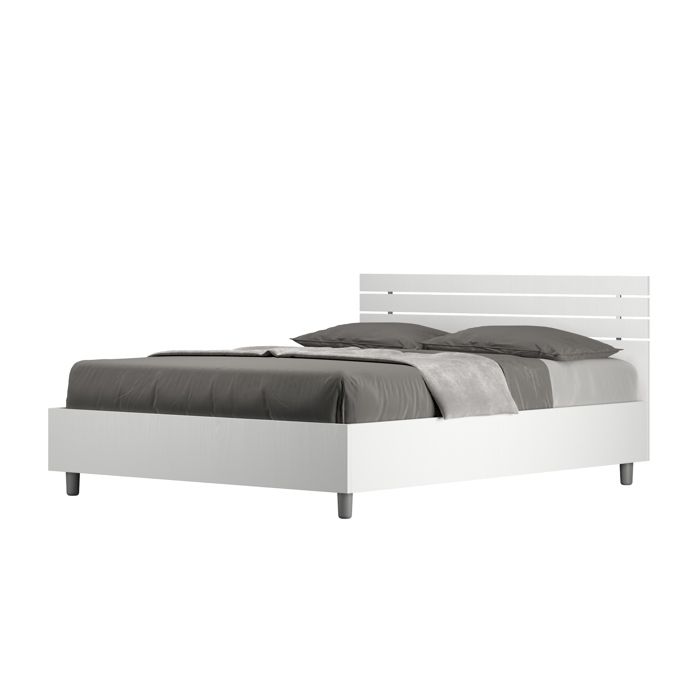 Lit double sans sommier 140x200 tête de lit droite avec des lames frêne blanc Ankel