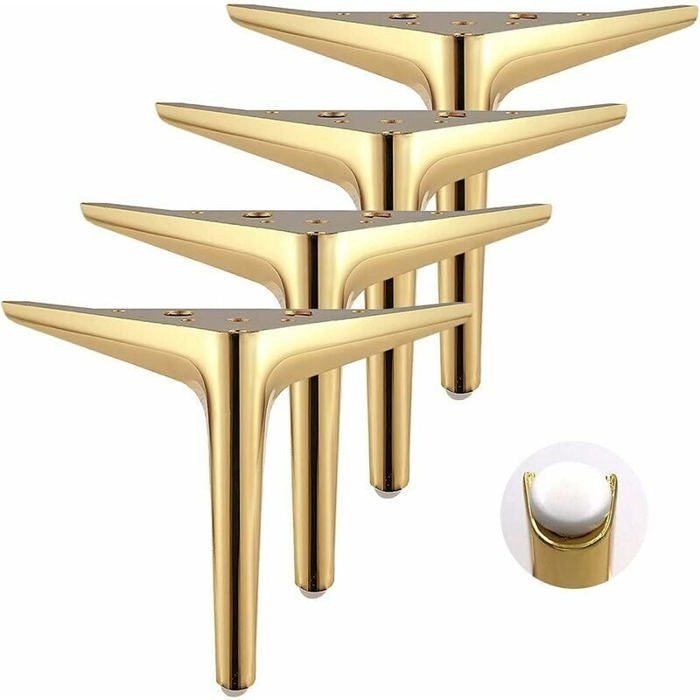 Lot de 4 pieds de meubles en forme de triangle doré de 12 cm procédé de polissage galvanisé adaptés aux armoires canapés