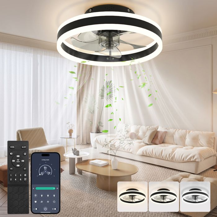 ®WHD© Ventilateur Plafonnier 50cm 3 Lumières & 6 Vitesses Silencieux Éco Énergétique Télécommande / App - Salon / Chambre / Cuisine / Bureau - Whdpets