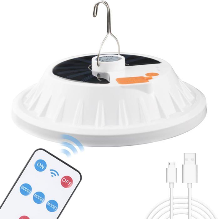 Lanterne de camping solaire 120 LED avec télécommande batterie rechargeable USB lampe de camp à gradation portable étanche IPX7