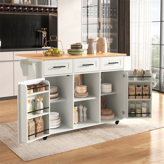 Îlot Central Cuisine Extensible Avec Roulettes - Table à Manger/buffet Avec Prises | Meuble Multifonction Blanc Et Noir - 8