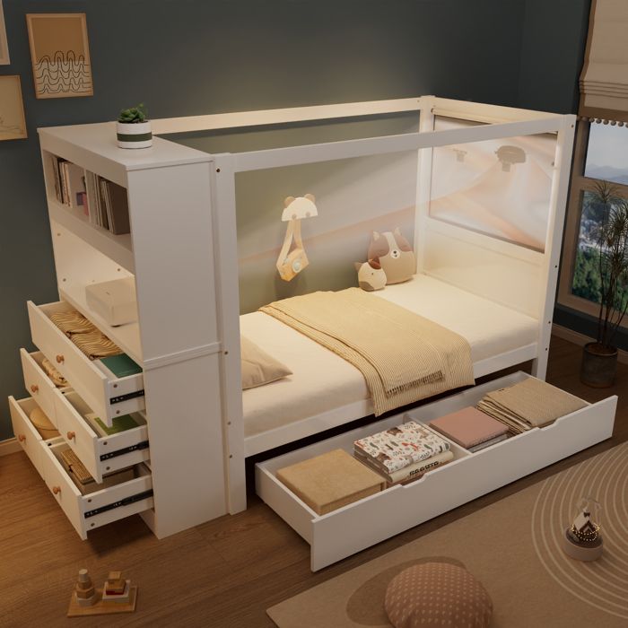 Lit enfant 90x200 cm - avec 5 tiroirs - avec garde-corps de sécurité - avec support de rangement - Blanc (sans matelas) Lit enfant 90x200 cm - avec 5 tiroirs - avec garde-corps de sécurité - avec support de rangement - Blanc (sans matelas)
