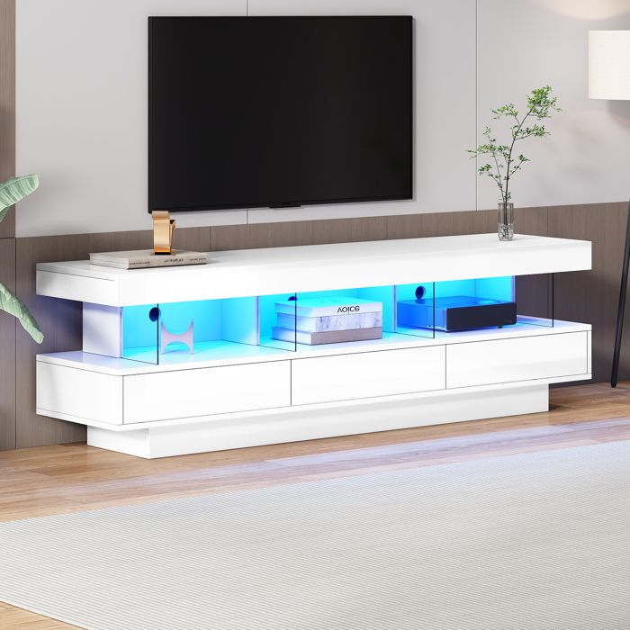 Meuble TV Blanc avec 3 Compartiments en Verre et Éclairage LED – Meuble Bas 160x38x50 5 cm pour TV jusqu’à 70 pouces Meuble TV Blanc avec 3 Compartiments en Verre et Éclairage LED – Meuble Bas 160x38x50 5 cm pour TV jusqu’à 70 pouces