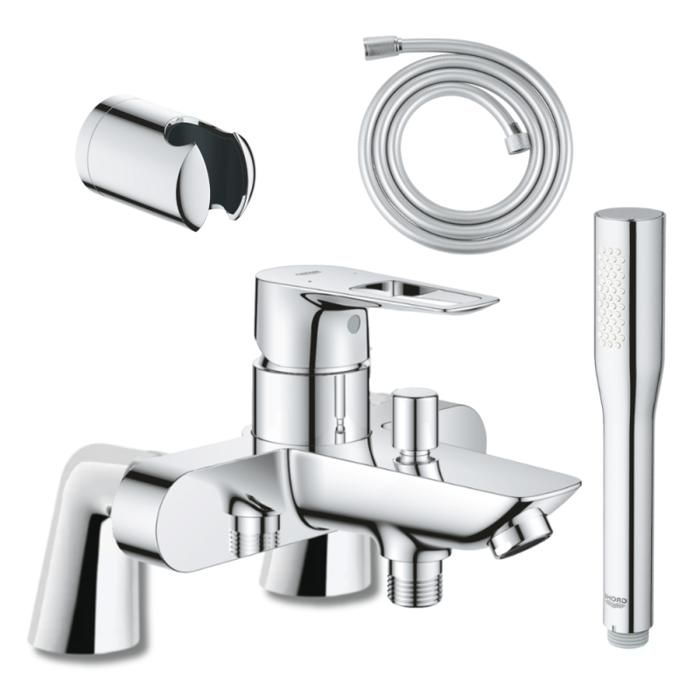 Grohe Mitigeur mécanique Start Loop avec colonnettes + Douchette 1 jet Vitalio Get Stick + Flexible 1750 mm et support