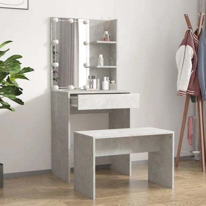 Gris Ensemble de coiffeuse chambre - SARAZYJ - Pour femmes - avec LED - Gris béton Bois dingénierie LL461
