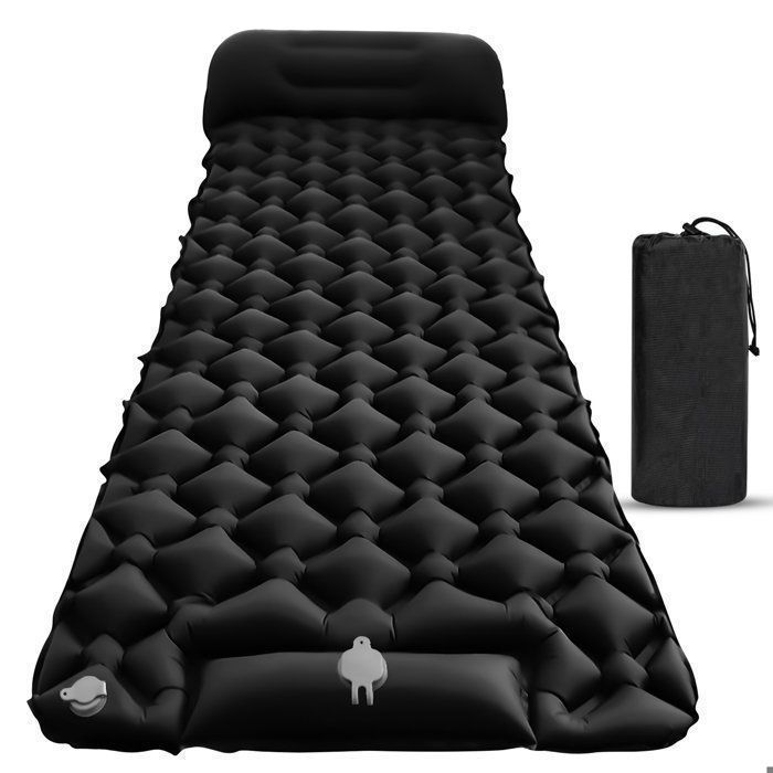 Outbee Matelas Gonflable Camping 1 Personne Noir Pompe à Pied Intégrée Oreiller 195x60 cm