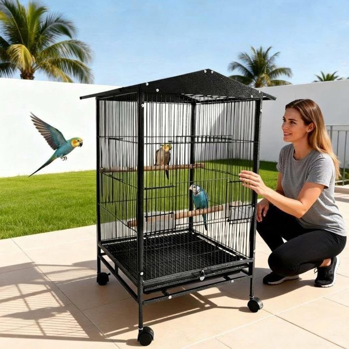 Grande cage à oiseaux 45 x 45 x 84 cm en métal avec roulettes à 360 ° perchoirs support à roulettes