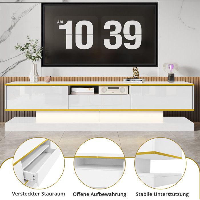 MEUBLIV Meuble TV avec 3 tiroirs et éclairage LED multicolore 180x38x45 cm panneau de particules noir et Or