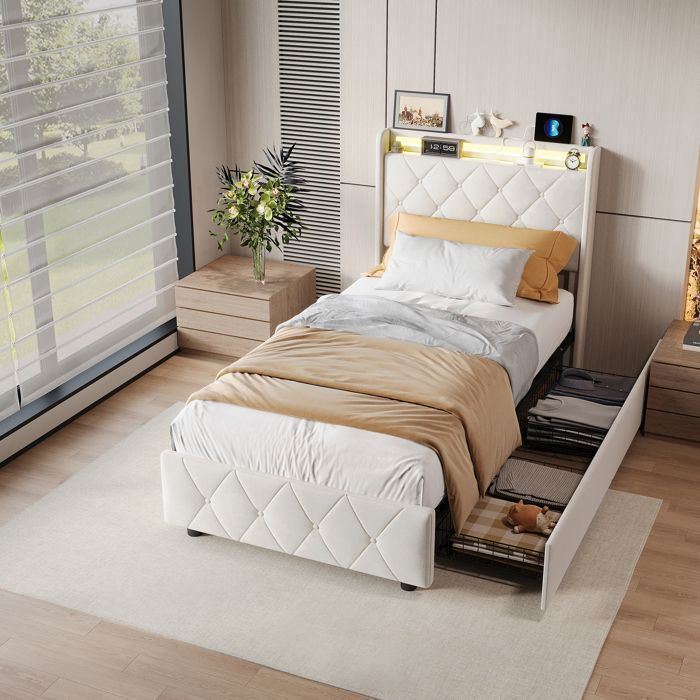 ADWOLT Lit Simple 90×200 cm LED Port USB et Type-C 2 tiroir tissu en flanelle cadre de lit 90×200 cm Beige