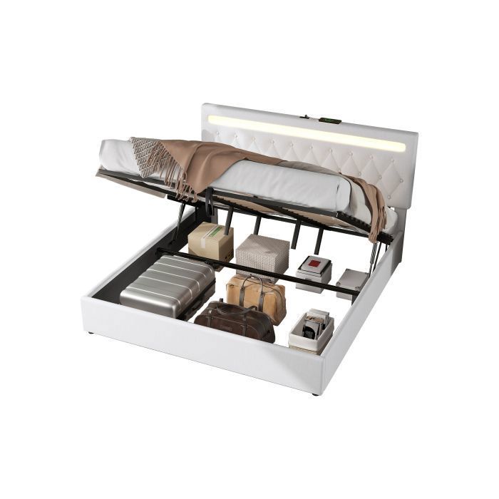 Lit Coffre 180x200 cm - Lit Capitonné avec LED Contrôlée par Application et USB Type-C - Style Contemporain - Blanc - Sans Matelas