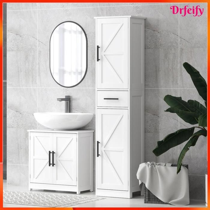 Meuble sous lavabo - AKOZON - 14365 - Portes style grange - Étagère réglable 3 hauteurs - Découpe U 20x20 cm