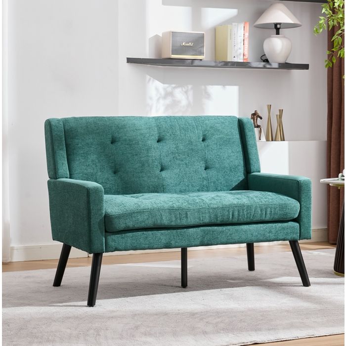 Canapé banquette 2 places capitonnée pour salon ou chambre pieds antidérapants en Bois lin vert rétro