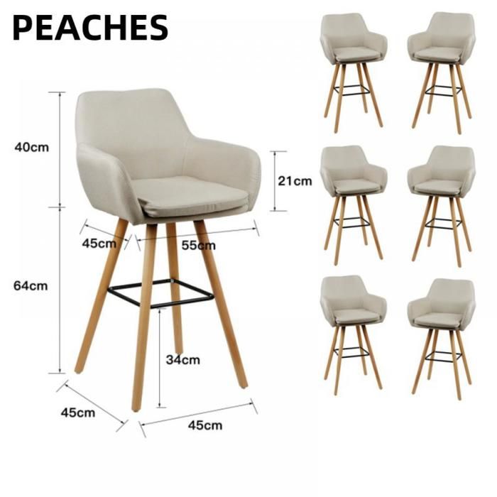Lot de 6 Tabourets de Bar en lin- PEACHES-pour salon et cuisine- Charge maximale : 120 kg-Beige