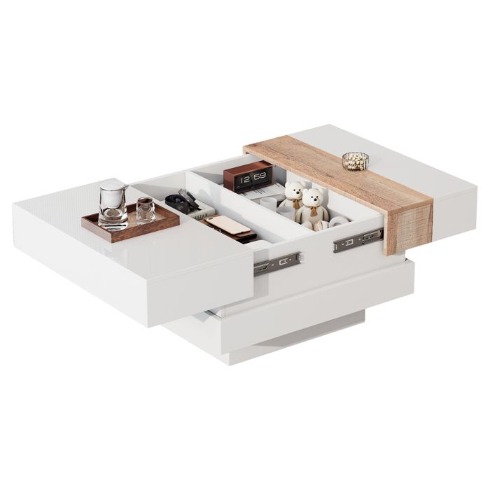 VLIVRA Table basse carrée 70×70×39 cm avec plateau coulissant et 2 compartiments cachés meuble salon blanc