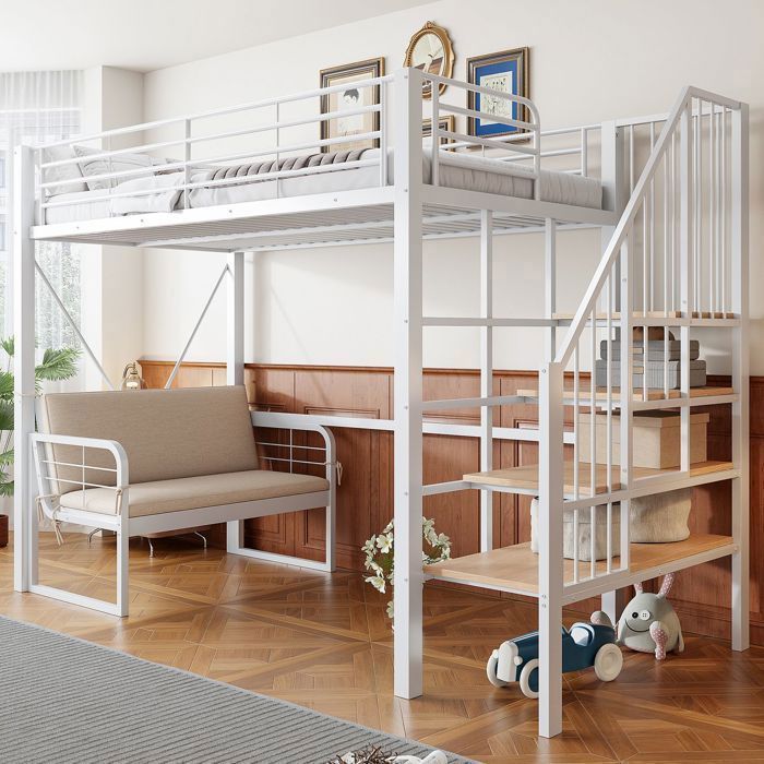 Lit mezzanine - SOGEU - 90x200 - Escalier 3 rangements - Canapé convertible déhoussable - Métal blanc robuste