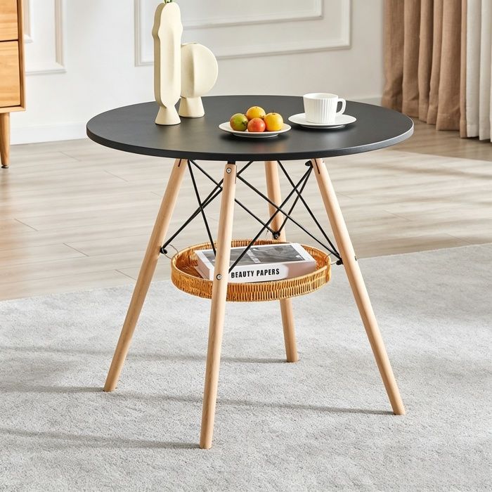 BELLEMAVE Table à Manger Ronde -Pieds en Bois Massif -avec Étagère Flottante Tressée -Table de Cuisine -80x80x71 5cm-Noir et Naturel